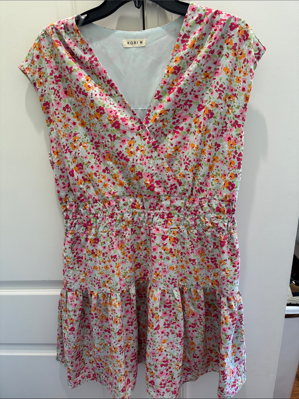 Kori Pink & Orange Floral V-Neck Tiered Dress